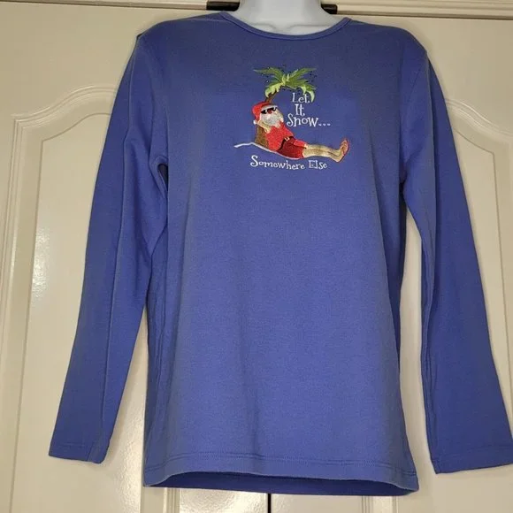 Santa On a Beach Christmas "Let It Snow Somewhere Else" Blue Longsleeve Lg Shirt - Picture 12 of 13